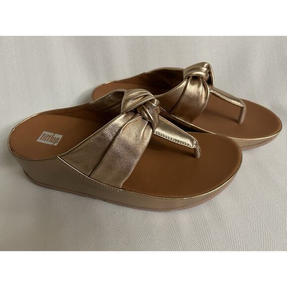 Fitflop Shoes - FitFlop Twiss II Knot Strap Leather Toe Post Thong Wedge Sandals Gold Women’s 7